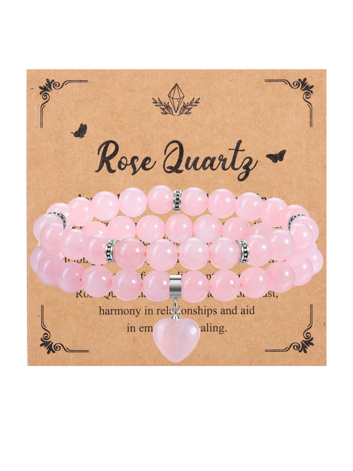 MANIFO 2pcs Rose Quartz Heart Crystal Bracelet for Women Crystal Bracelet Set Gemstone Beads Bracelets Jewellery Gifts for Birthday Valentines Christmas