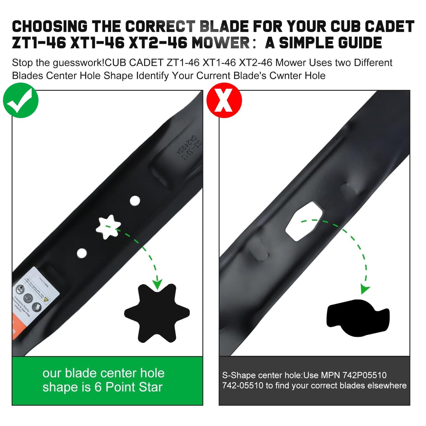 Grasscool 942-04244A Mower Blades for Cub Cadet Enduro 46 inch Zero Turn Lawn Tractor XT1-46 XT1 LT46 (2009-2023) with 6-Star Mounting Pattern Replace 942-04290 High-Lift