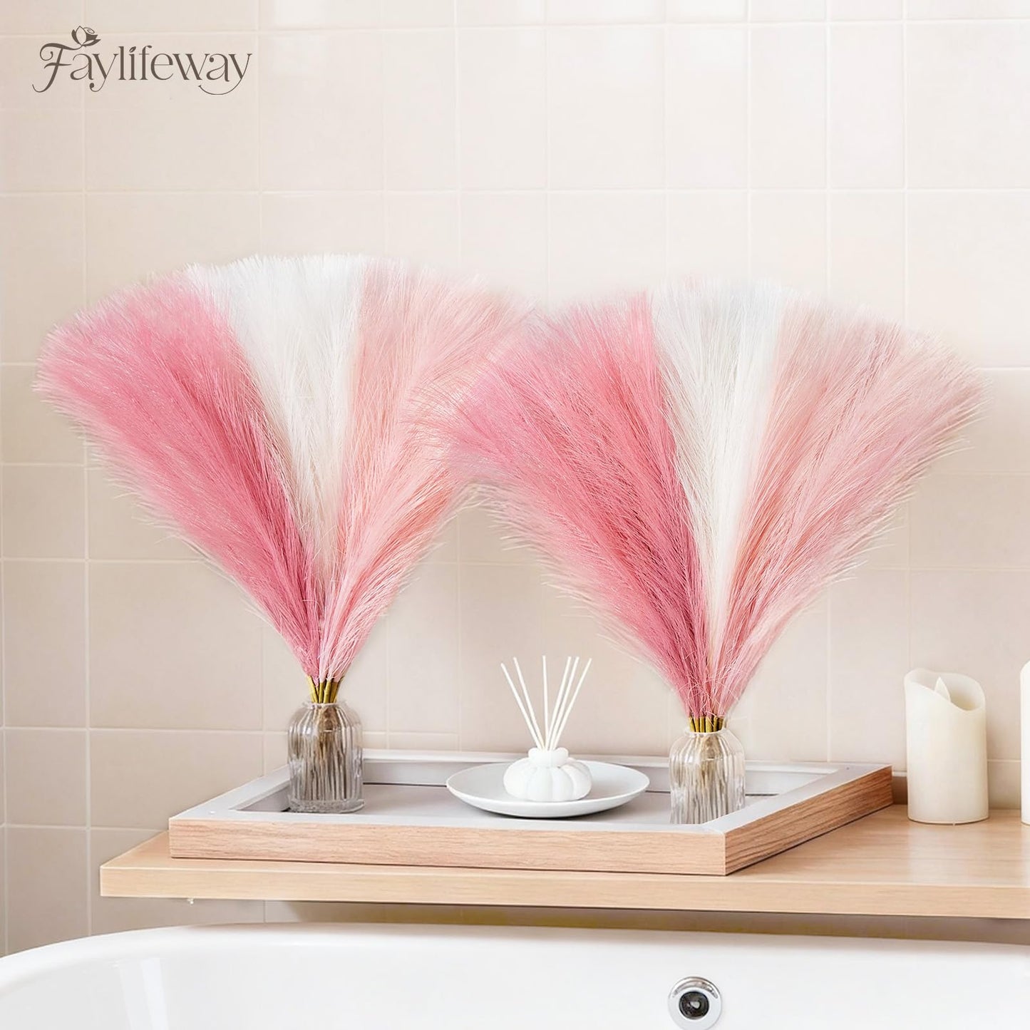Faylifeway 50pcs Pampas Grass 17in for Living Room Decor, Blush Pink Pampas Grass Decor, Fluffy Pink Flowers for Home Birthday Bathroom Baby Shower Wall Bow Decor(Blush & Cream & Pink)