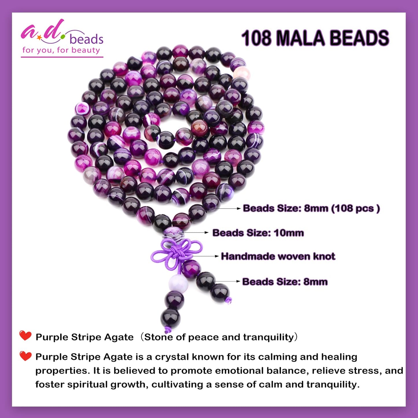AD Beads 8mm 108 Prayer Mala Purple Stripe Agate Elastic Bracelet - Peace and Tranquility - Handmade Yoga Meditation Healing Power Energy Gifts for Unisex Adult.