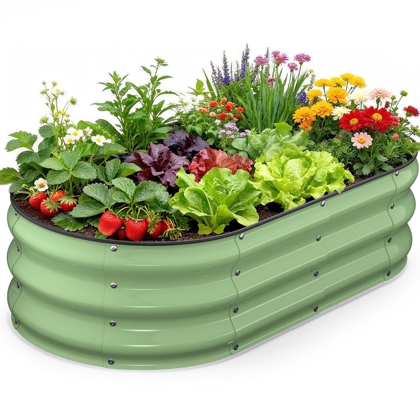 Yumatum Raised Garden Bed 4×2×1 FT, Galvanized Metal Raised Planter Box, Vegetable Planting Container with Safety Edge Trim, Hardware & Gloves Included, Fruit Green for Backyard Patio Balcony