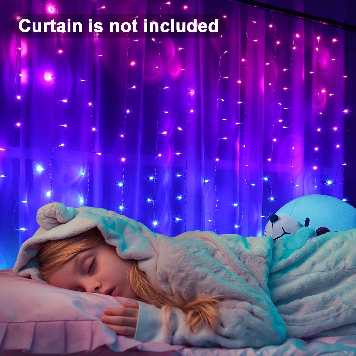 Pink Purple & Blue Ombre Fairy Curtain Lights with Dimmer Switch, Ombre Rainbow LED Icicle String Curtain Lights for Girls' Bedroom, Teen Room, Kids' Room, Wedding, Mother's Day, Mermaid Decor