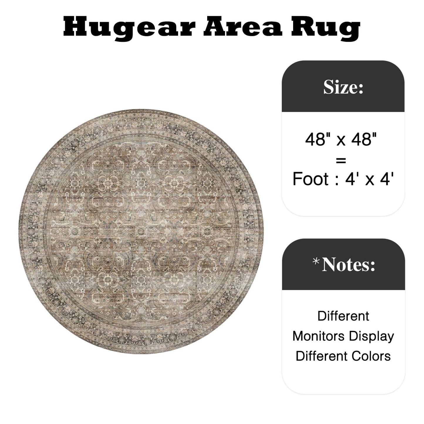 HUGEAR 4ft Round Rug Entryway Rugs Machine Washable Brown Hallway Area Rug 4x4 Small Circle Floral Low Pile Carpet Vacuumable Throw Rug Living Room Laundry Entrance Non Slip Soft Lightweight