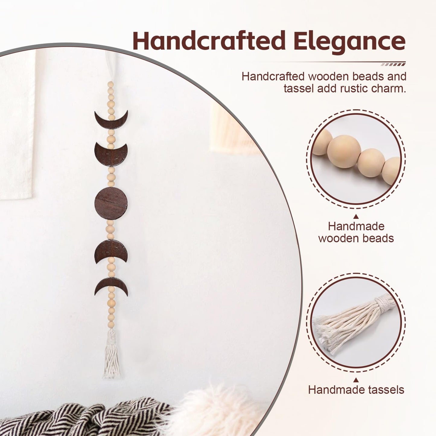 Moon Phase Wall Decor | 30 Inch Boho Moon Decor Wood Hanging with Beads & Tassel, Boho Living Room Decor for Bedroom, Above Bed, Office, Dorm