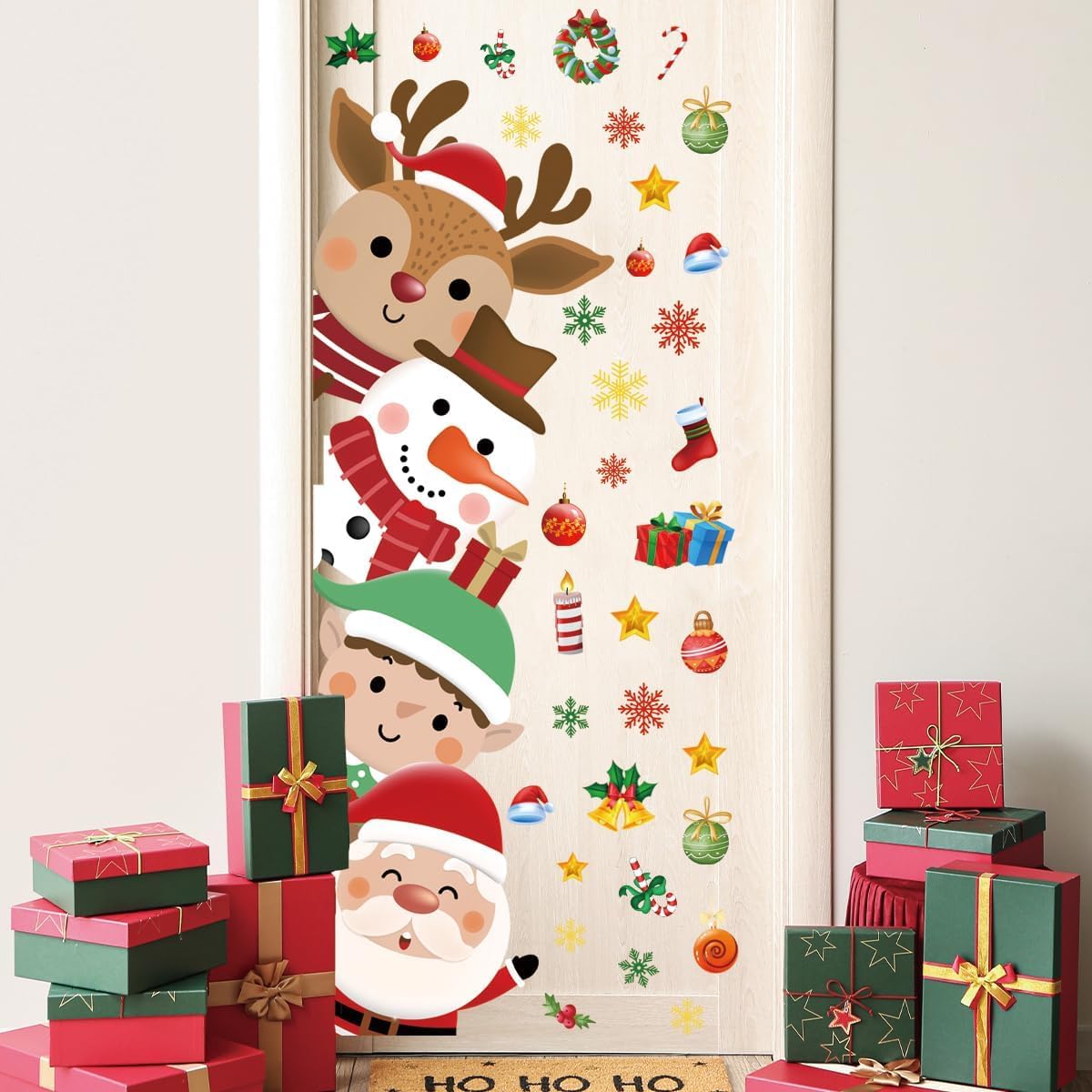 44.88 x 15.75 Inch Christmas Door Decals Christmas Santa Claus Elk Snowman Door Sticker Decor for Holiday Christmas Kids Baby Nursery Playroom Bedroom Classroom Kindergarten Holiday Wall Decor