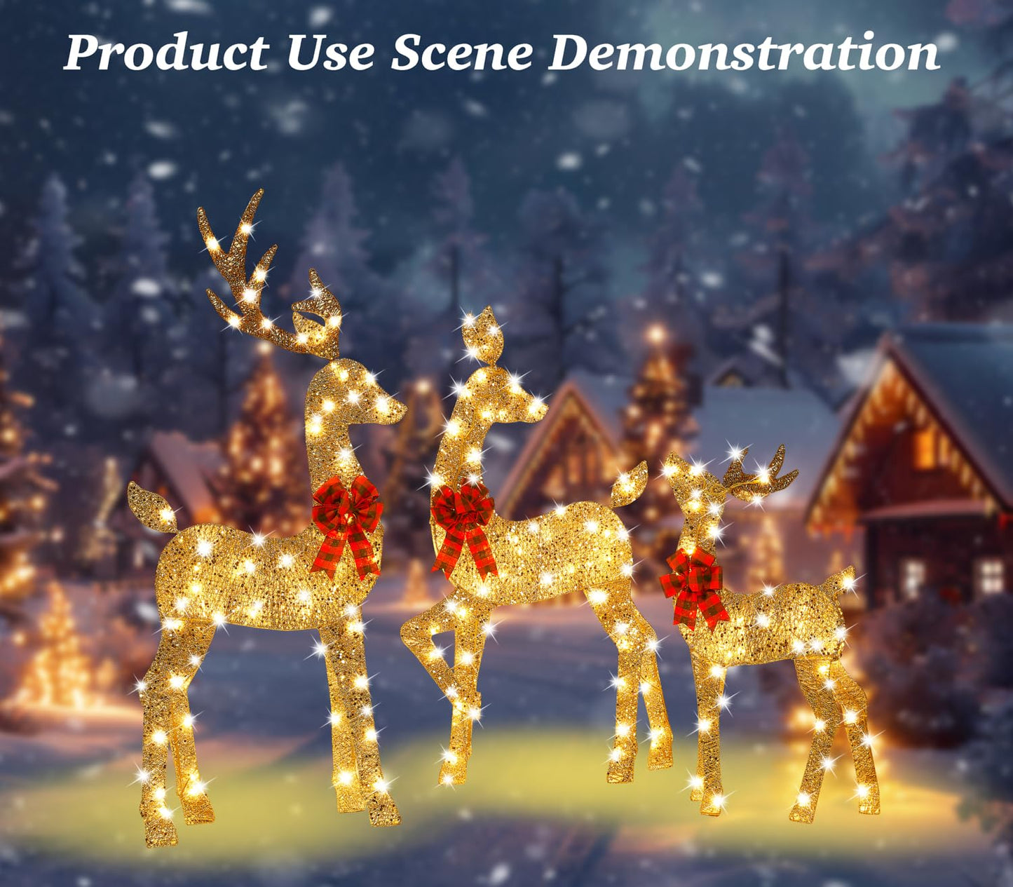 48 Inch 2.5D Gold Lighted Christmas Deer Decorations 3-Piece Outdoor Holiday Decorations Reindeer Set with 145 Warm White LEDs, Large Yard Display for Garden, Storefront