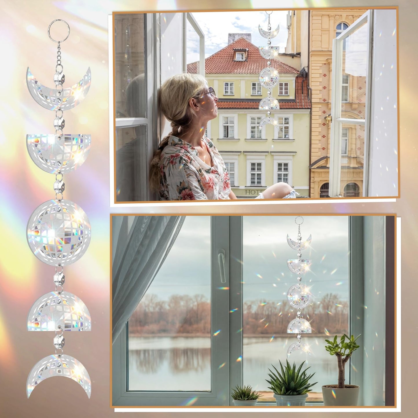 Sliner Disco Ball Moon Phase Hanging Pendant Handmade Sun Catcher for Windows Indoor Windows Ornament Party Christmas Wedding Holiday Decorations Gifts