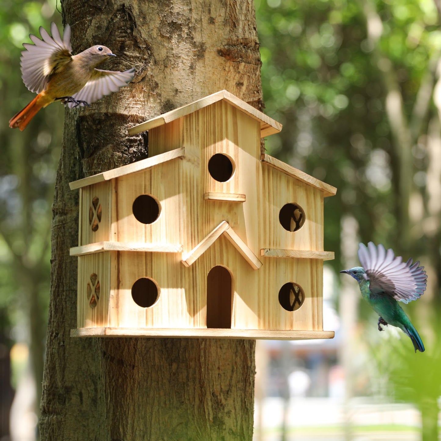 Bird Houses for Outside, Wooden 6 Hole Birdhouse Room for 6 Birds Families, Bluebird Finch Outdoor Hanging Bird House for Garden Backyard Patio