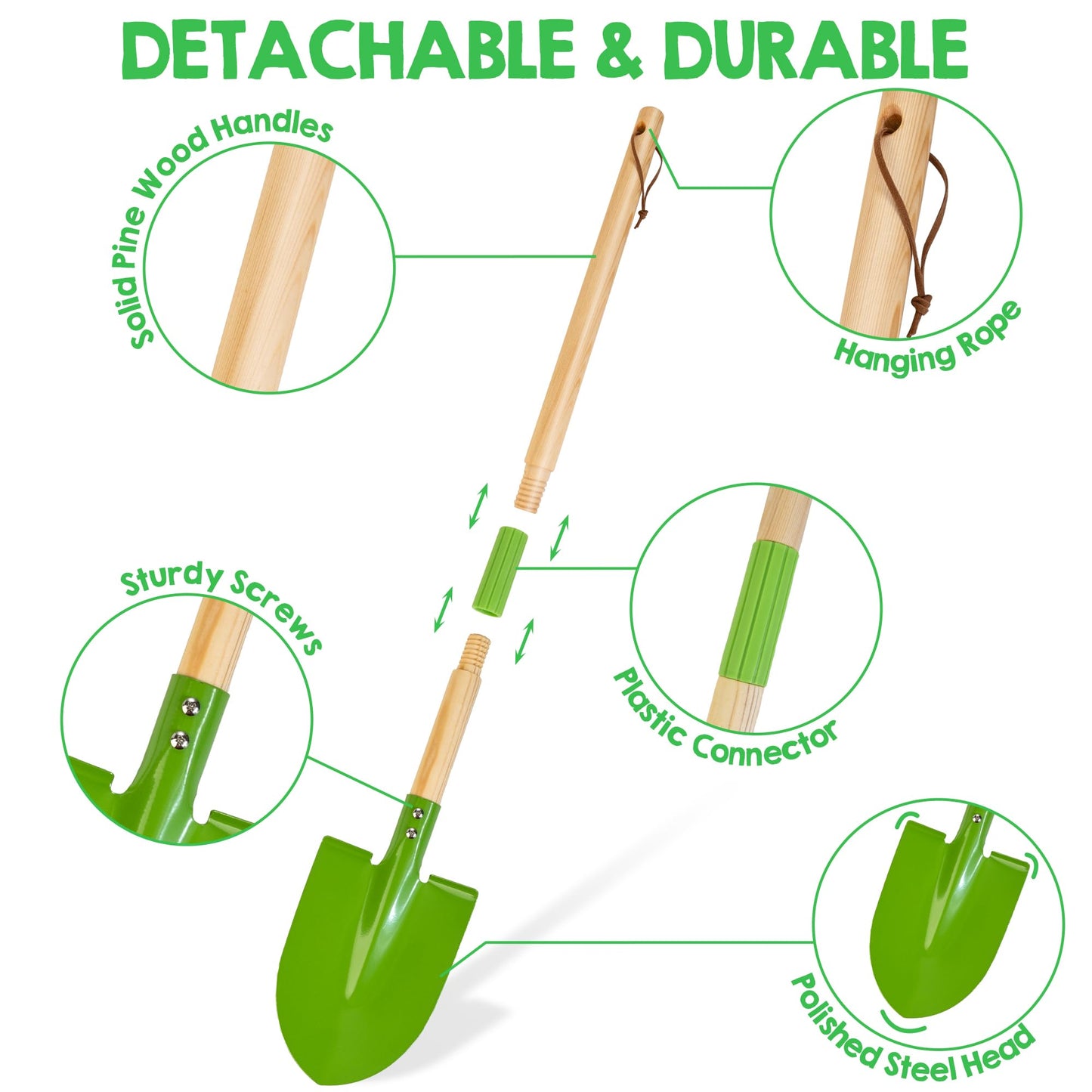 Amtreen Kids Gardening Tools Set - 6PCS Detachable Garden Tool Kit with Gloves, Shovel, Rake, Hoe, Leaf Rake & Spray Bottle - Wooden Handles with Hanging Hole, Perfect Outdoor Toy Gift for Ages 3-5