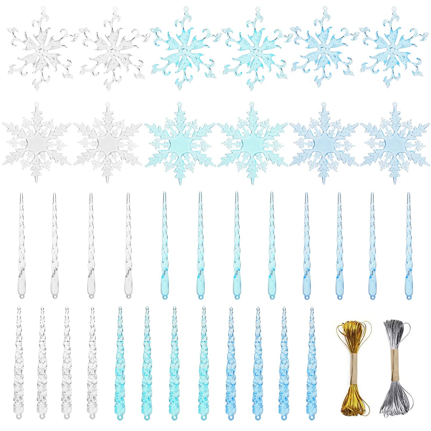 VGOODALL 36PCS Clear Snowflake & Icicle Ornaments, Acrylic Christmas Tree Decorations with Gold & Silver Strings Winter Wedding/Party/DIY Decor