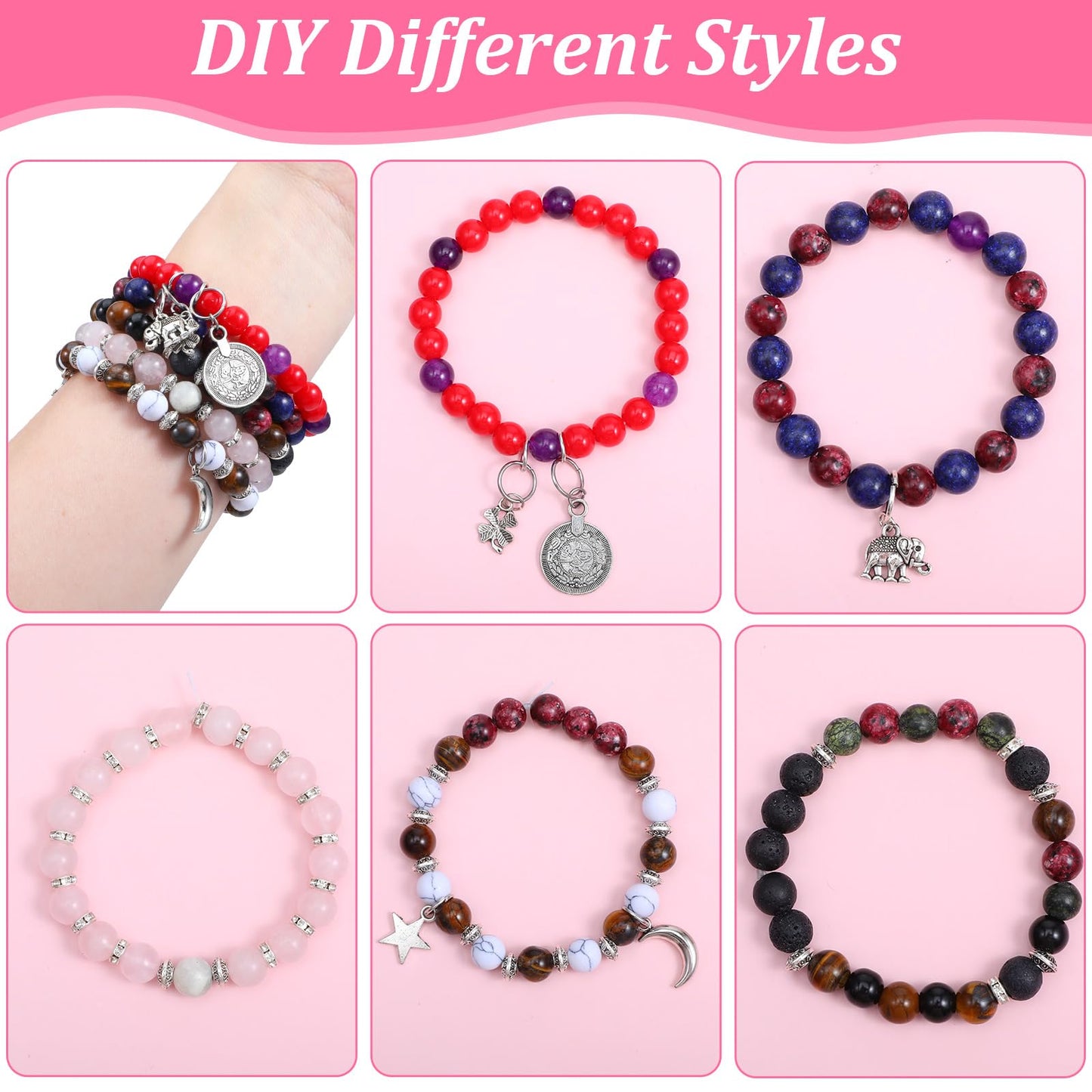 Ckhoid 473PCS Natural Stone Beads, 6mm Round Crystals Bead Bulk, Charm Bracelet DIY Making Kit, Gemstone Beads Jewelry Making Supplies for Friendship Couples Lovers Bracelets