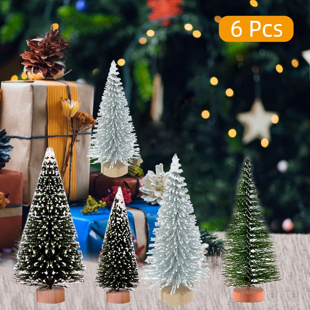 Yahpetes Miniature Christmas Tree 6 Pcs Pine Trees Sisal Trees Snow Frost Ornaments with Wooden Bases for Miniature Scenes, Christmas Crafting and Designing, Mixed Size