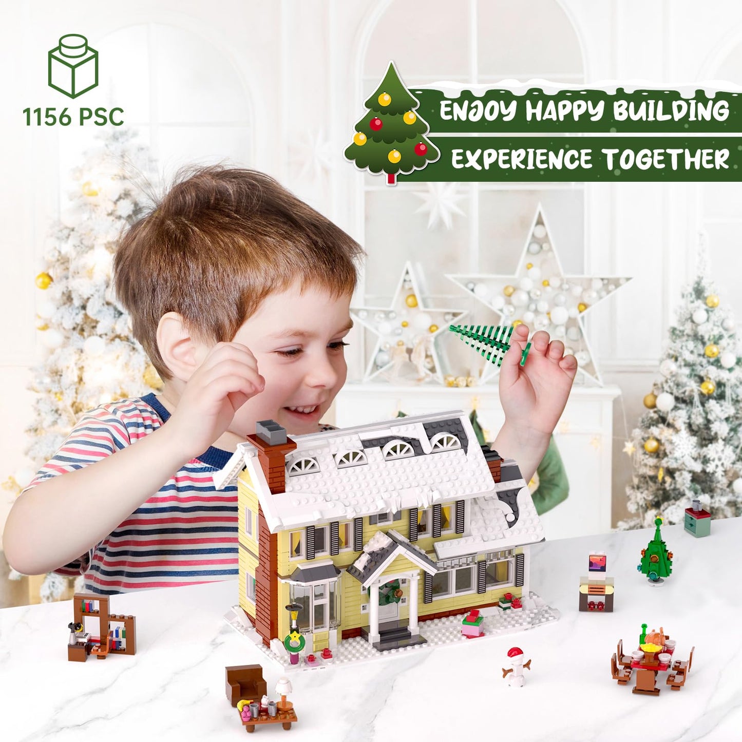 Christmas Holiday House Building Set, LED DIY Christmas Holiday Snow Village, Christmas House Compatible with Lego Gifts for Boys, Girls, Family, and Friends (1156pcs)