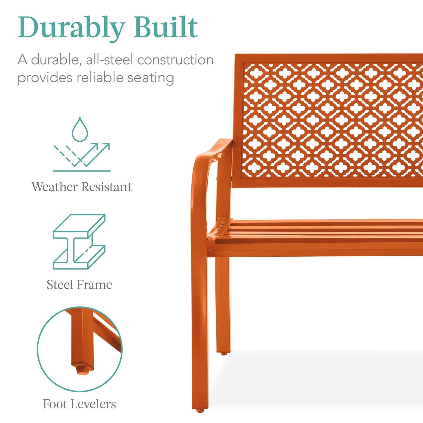 Best Choice Products Outdoor Bench 2-Person Metal Steel Benches Furniture for Garden, Patio, Porch, Entryway w/Geometric Backrest, 790lb Capacity - Carrot