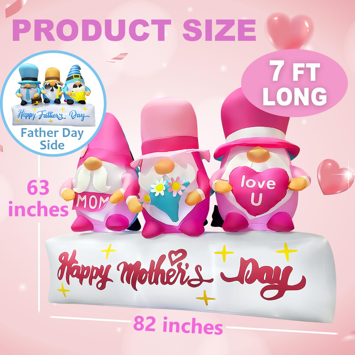 bbioc 7FT Long Inflatable Happy Mother's Day Decorations, Father's Day Inflatable Double Side Decorations, Three Gnomes Built-in LED Lighted Blow Up Decoration Home Yard Outdoor Indoor Decor