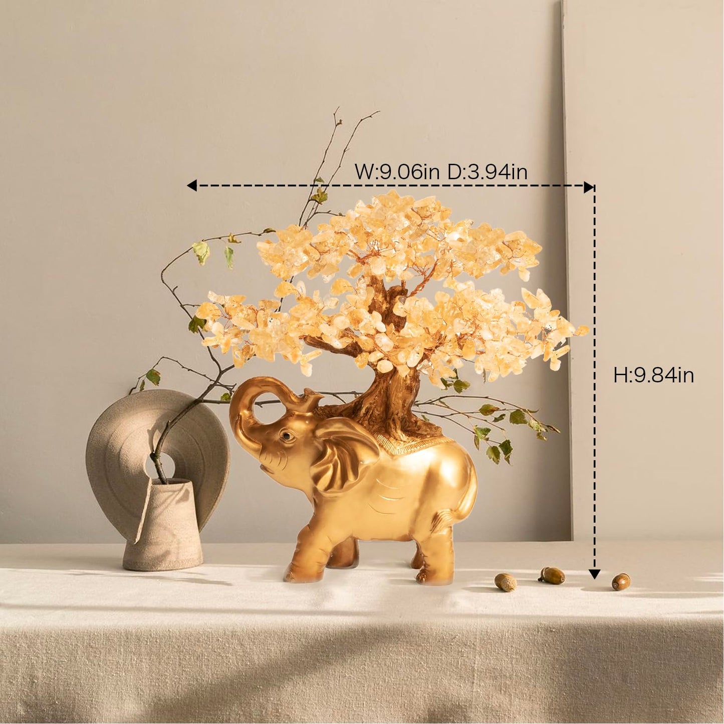 GEMBOURY Citrine Crystal Money Tree on Gold Mini Elephant Statue, 10”Gemstone Bonsai Tree of Life Home Décor Gifts for Wealth Positive Energy, Feng Shui Décor