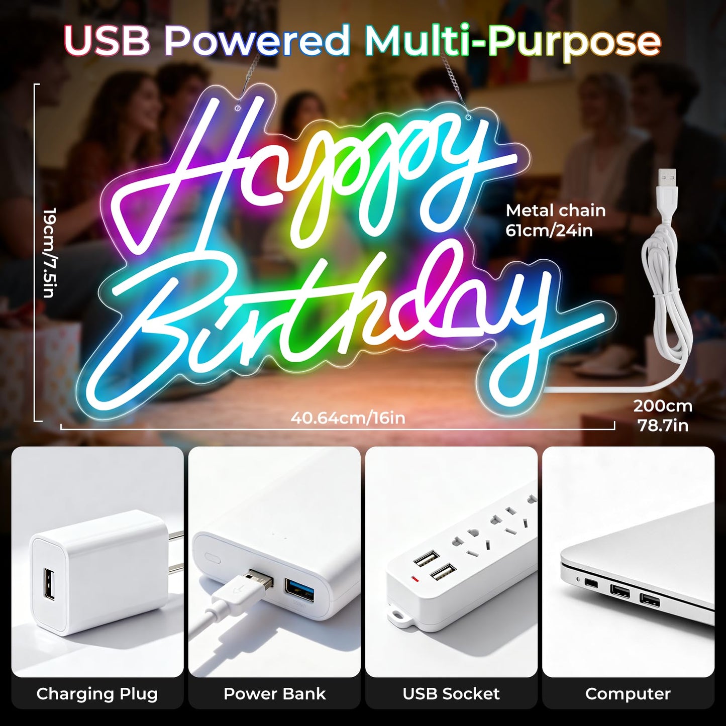 Happy Birthday Sign for Wall Decor, RGB Led Happy Birthday Neon Sign For Party And Remote Control, USB Powered Dimmable Neon Light.Corlorful Happy Birthday Light Up Sign.