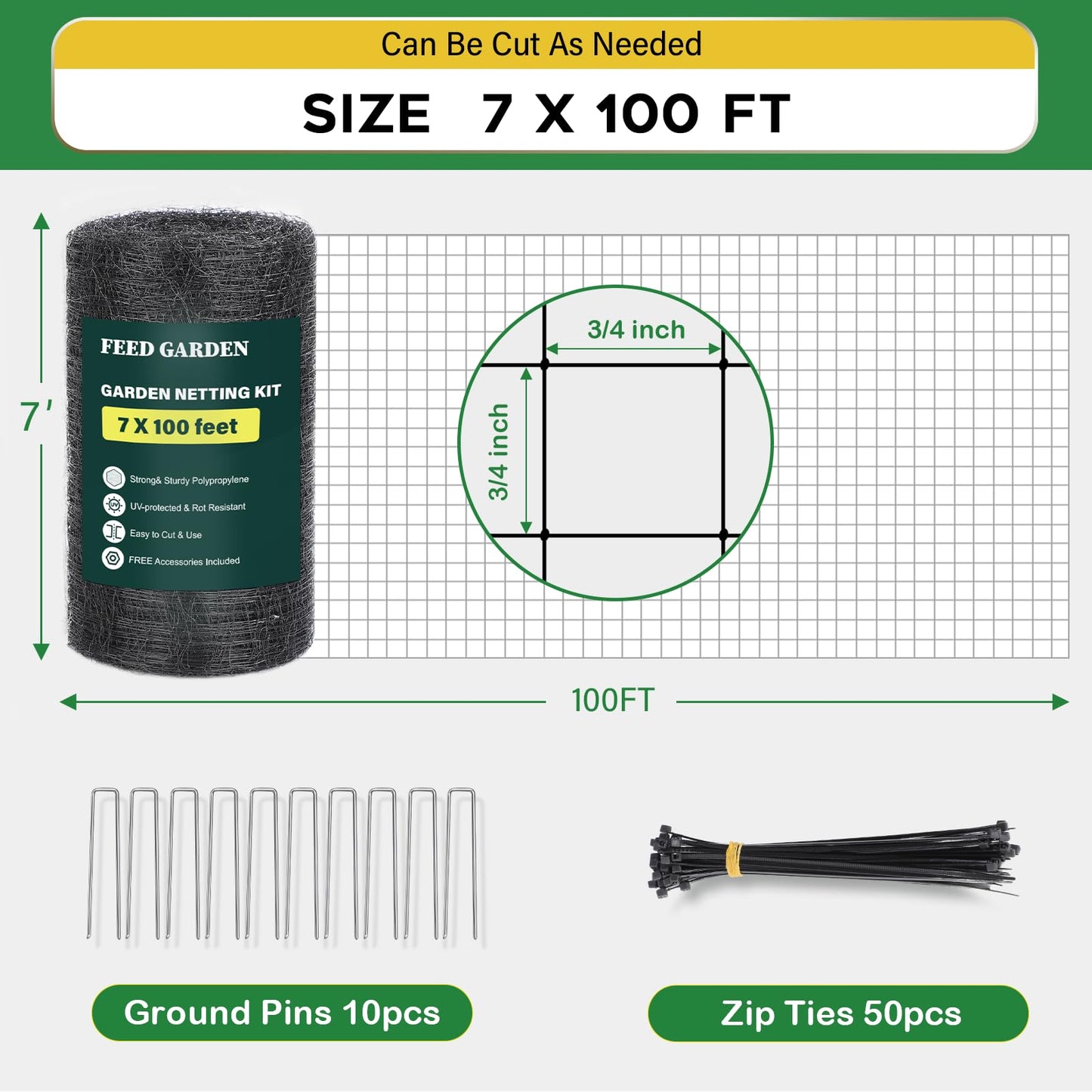 FEED GARDEN Heavy Duty Deer Netting - 7x100ft UV-Protected Garden Fence with 3/4" Fine Mesh - Includes 10 Stakes & 50 Zip Ties for Easy Installation