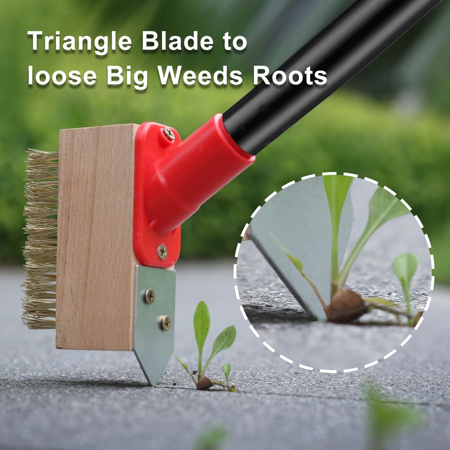 Mitclear Moss Remove Brush with Long Handle(53IN), Deck Crevice Cleaning Tool, Weed Remover with Wire Brush & Metal Blade, Crack Moss Remover for Pavement Driveway Patio Sidewalk Paver(3 Brush Heads)