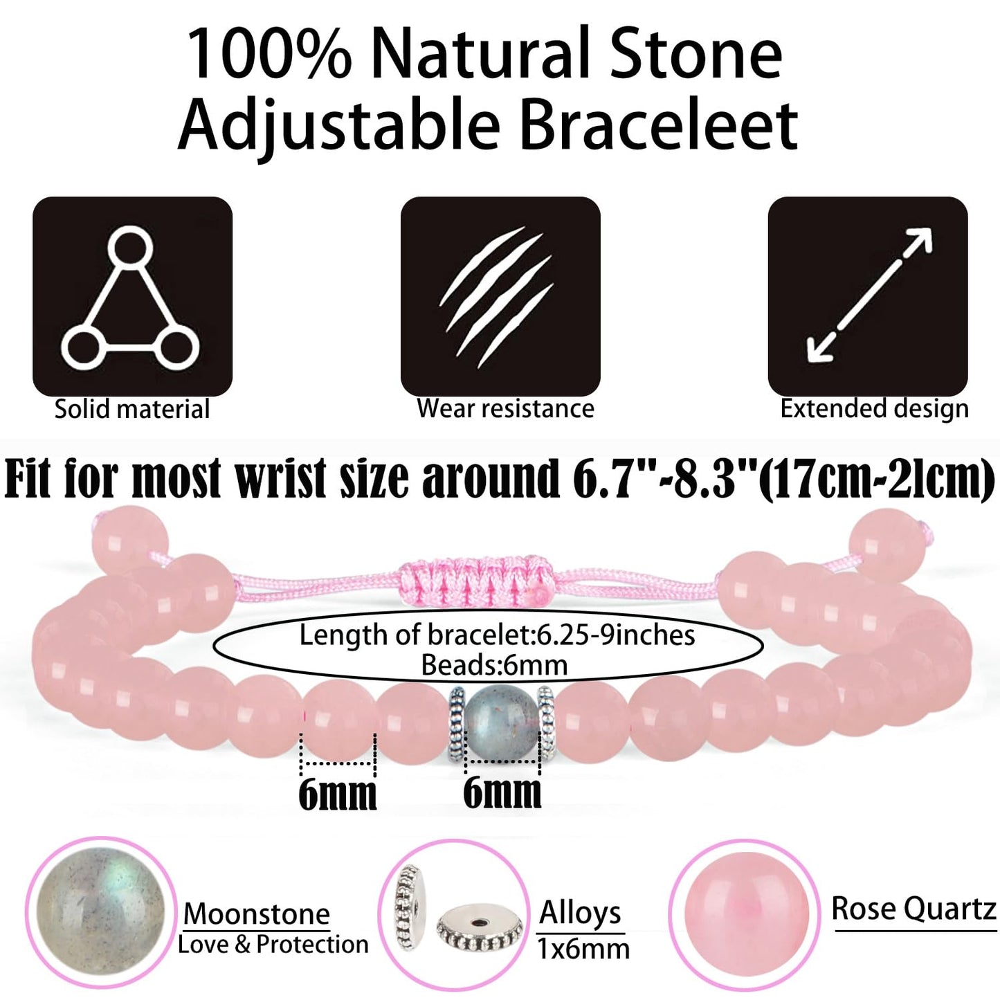 QOGIR Daughter Love You Forever Bracelets,Natural Rose Quartz Adjustable String Braceletm, Birthday Christmas Gifts for Daughters Girls Teen