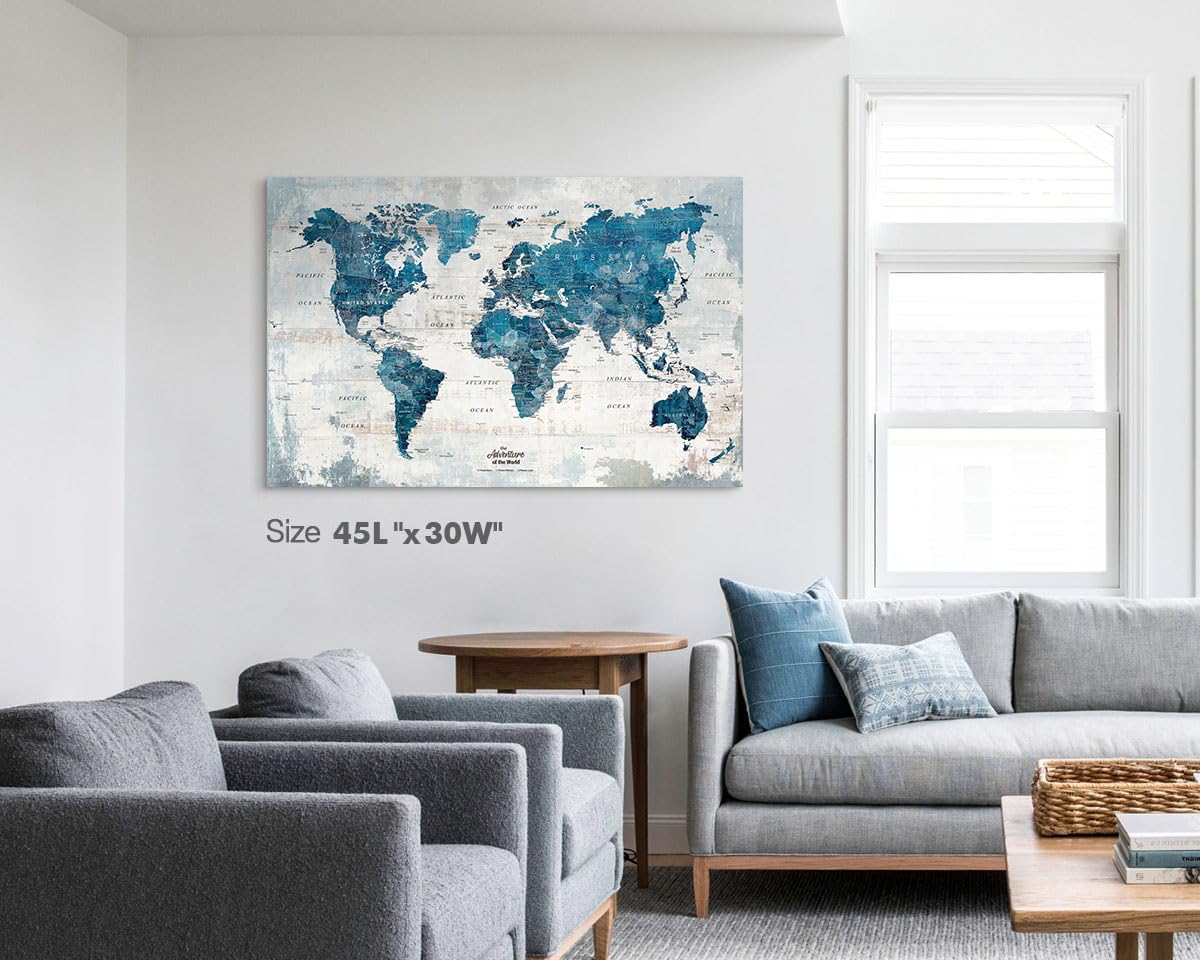 GIFTTWART Canvas Wall Art Office Artwork Large Modern Abstract Map of the World Push Pin Board Travel Map Blue Pictures for Living Room Bedroom Dining Room Motivational Home Decor
