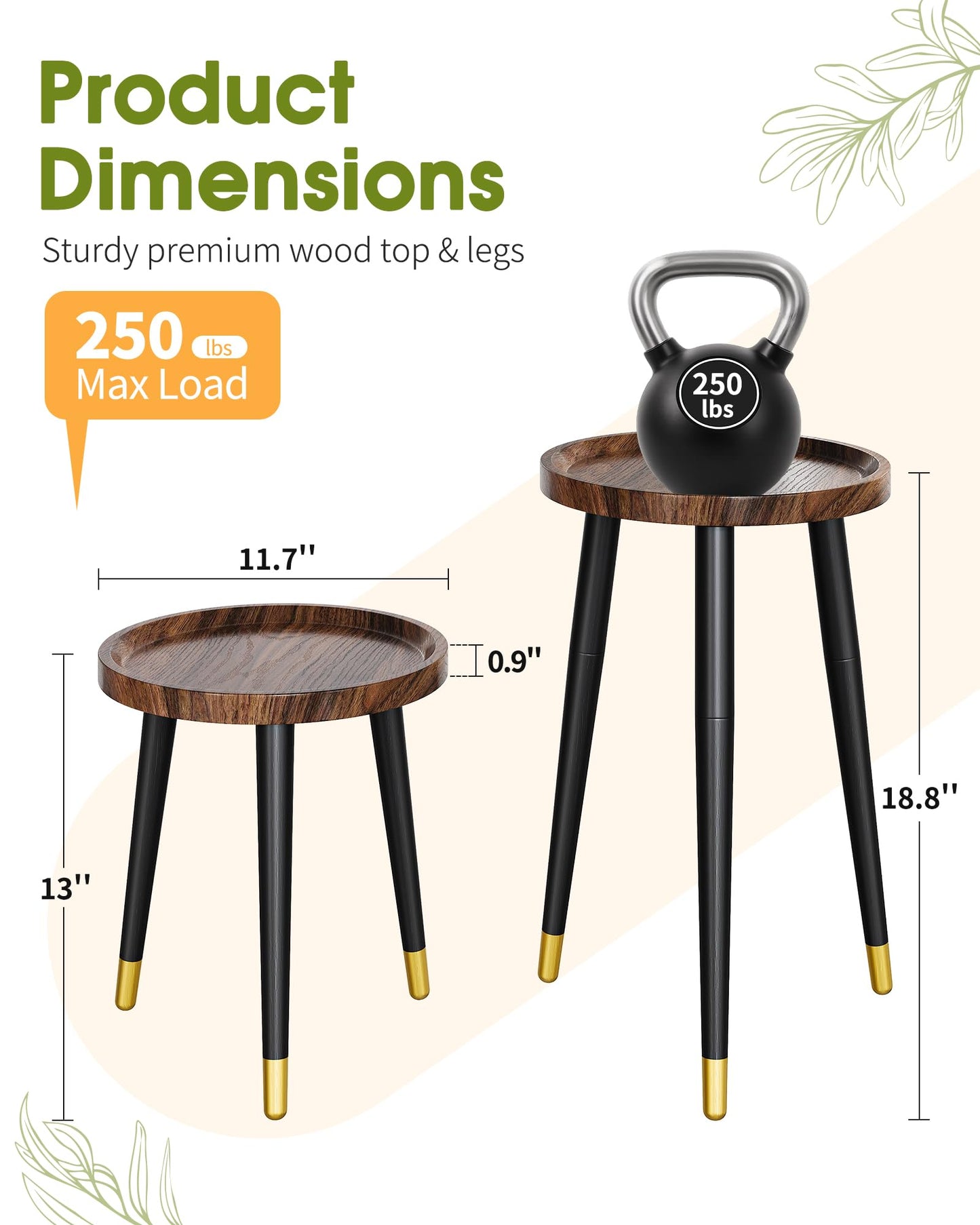 AZADESJET Plant Stand Indoor 2 Pack, Wood Mid Century Indoor Plant Stand, Tall Plant Stands for Flower Pot, Modern Plant Table, Small Side End Table With Raised Design, Walnut, 11.7"x18.8" & 11.7"x13"