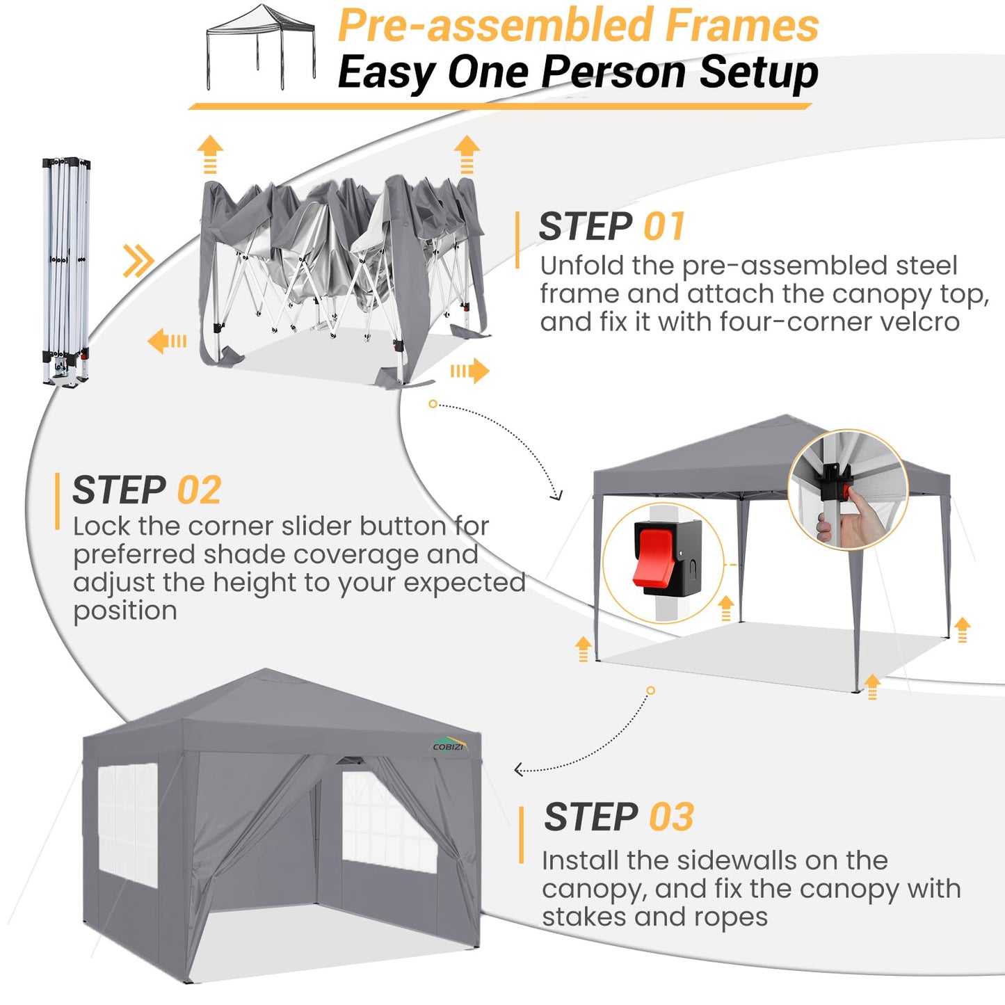 COBIZI 10x10 Pop Up Canopy Tent, One Push Outdoor Gazebo with 4 Removable Sidewalls & Air Vent, Waterproof Commercial Easy Up Adjustable Canopy with 4 Sandbags, 4 Stakes & 8 Ropes for Party,Grey