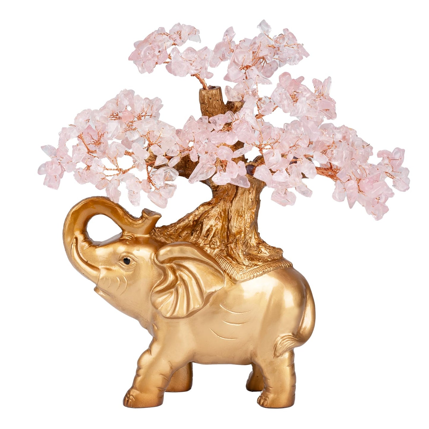 GEMBOURY Rose Quartz Crystal Money Tree on Gold Mini Elephant Statue, 10”Gemstone Bonsai Tree of Life Home Décor Gifts for Wealth Positive Energy, Feng Shui Décor