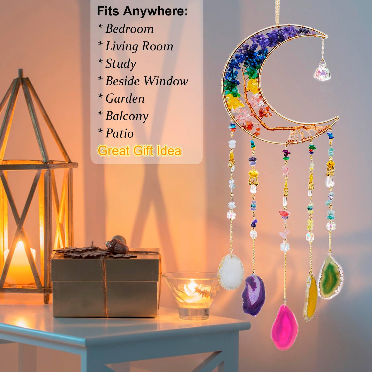 7 Chakra Crystal Wind Chimes, Moon Shaped Dream Catcher, Sun Catchers, Healing Crystal Decor, Reiki, Feng Shui Metal Art Wall Decor for Room, Bedroom, Home, Unique Gifts for Women for Good Luck