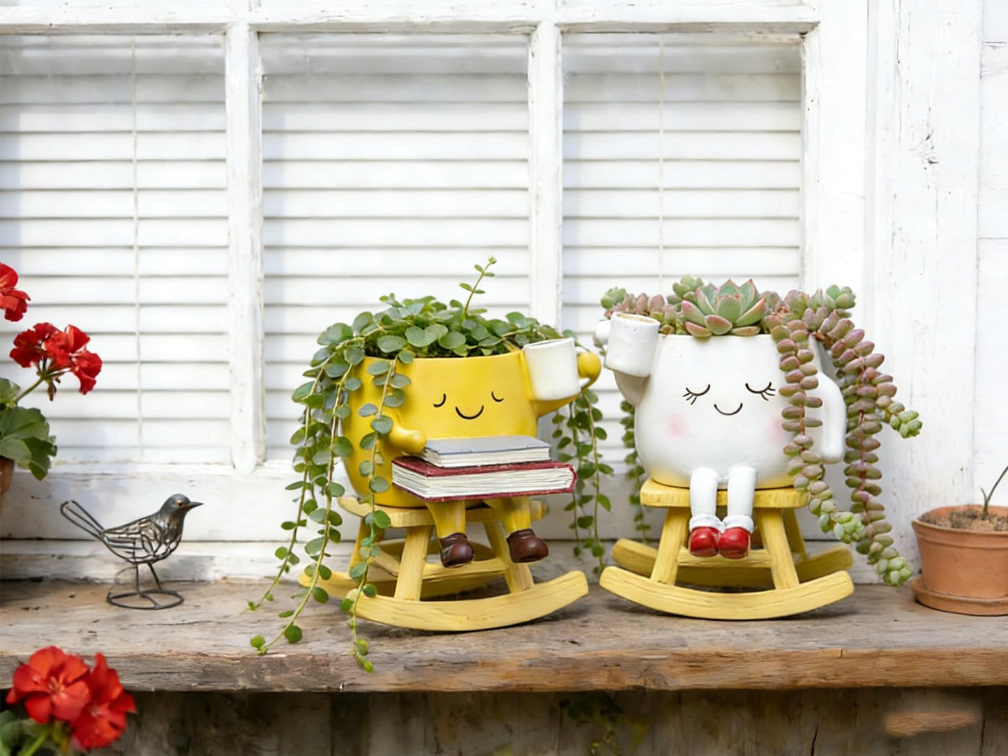 RZOIKZOI Rocking Chair Smiley Face Planter,Cute Plant Pots for Indoor Outdoor Plants,Succulent Pots with Drainage Hole,Unique Funny Flower Pot,Plant Gifts for Mother's Day, Birthday, Christmas（White）