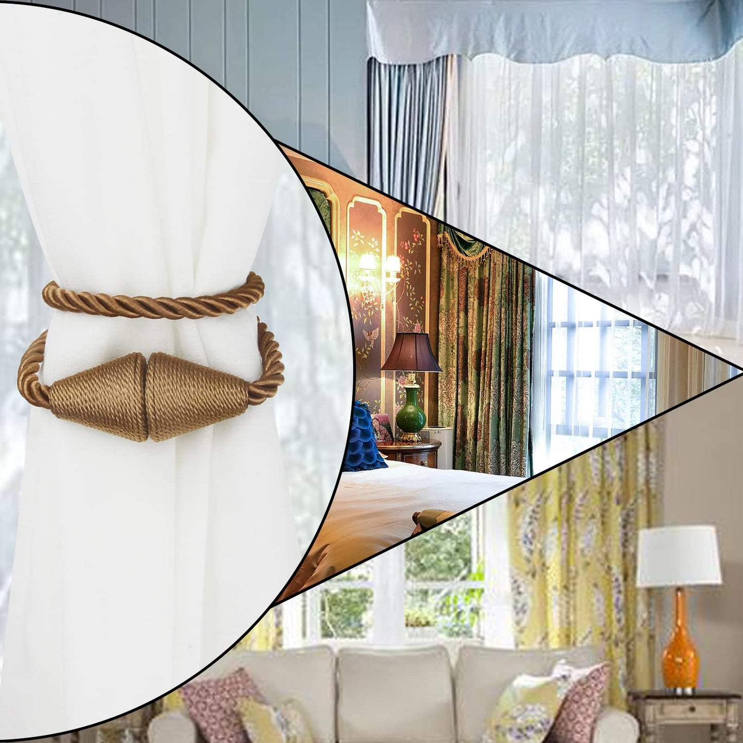 Nieffeiy 2 Pack Magnetic Curtain Tiebacks Rope Modern Handmade Curtain Tie Backs Decorative Drapes Weave Holdbacks for Window Décor, Khaki