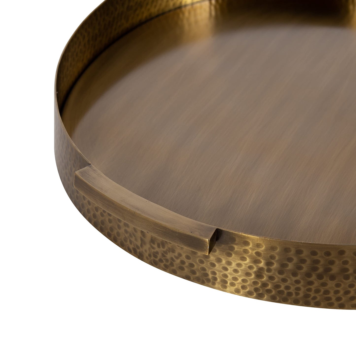 Kate and Laurel Samana Modern Glam Round Metal Tray; 17 Inch Diameter; Antique Brass; Circular Polished Decorative Tray with Hammered Surface and Minimalist Handles