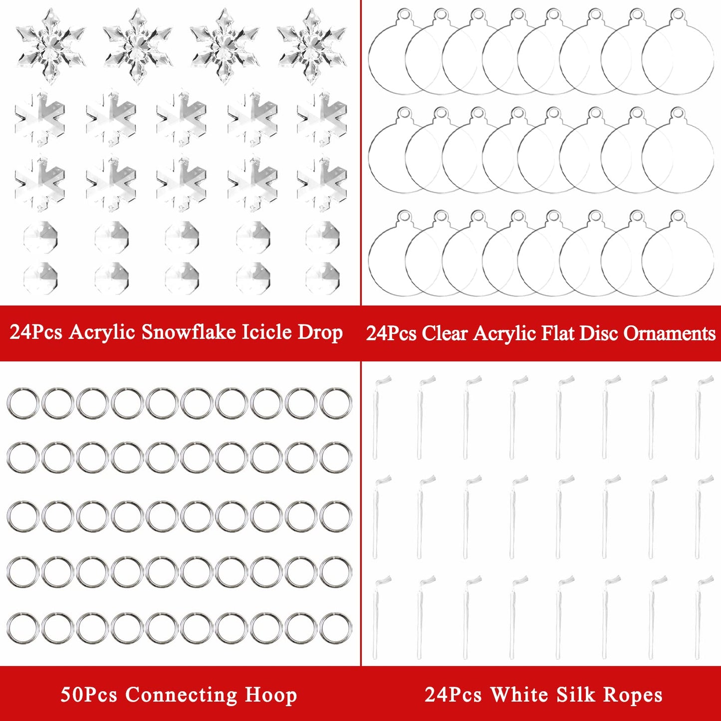 24 Pack Christmas Tree Ornaments Set - 3 Inch Clear Acrylic Flat Disc Ornaments DIY Christmas Crafts with Transparent Crystal Snowflakes for Xmas Winter New Year Party Hanging Decorations