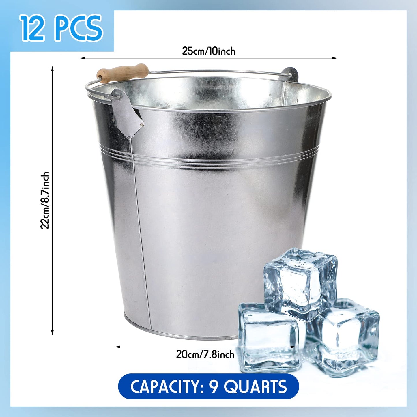 Didaey 12 Pcs 12 Pcs Large Galvanized Metal Buckets with Handle 10 Inch Heavy Duty Stainless Steel Pails Round Pail for Party Wedding, Crafts, Utensils, Table Centerpieces (Silver)