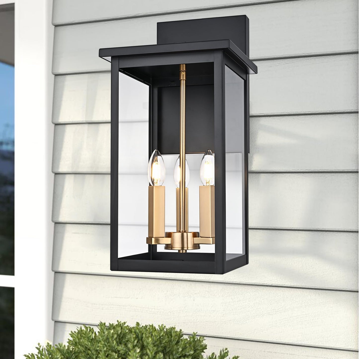 MELUCEE 3-Light Black Outdoor Wall Light Fixture, 16.5" Large Exterior Porch Light Wall Mount Farmhouse Outside Lantern Lights with Clear Glass for House, Patio, Front Door, Porch, Garage
