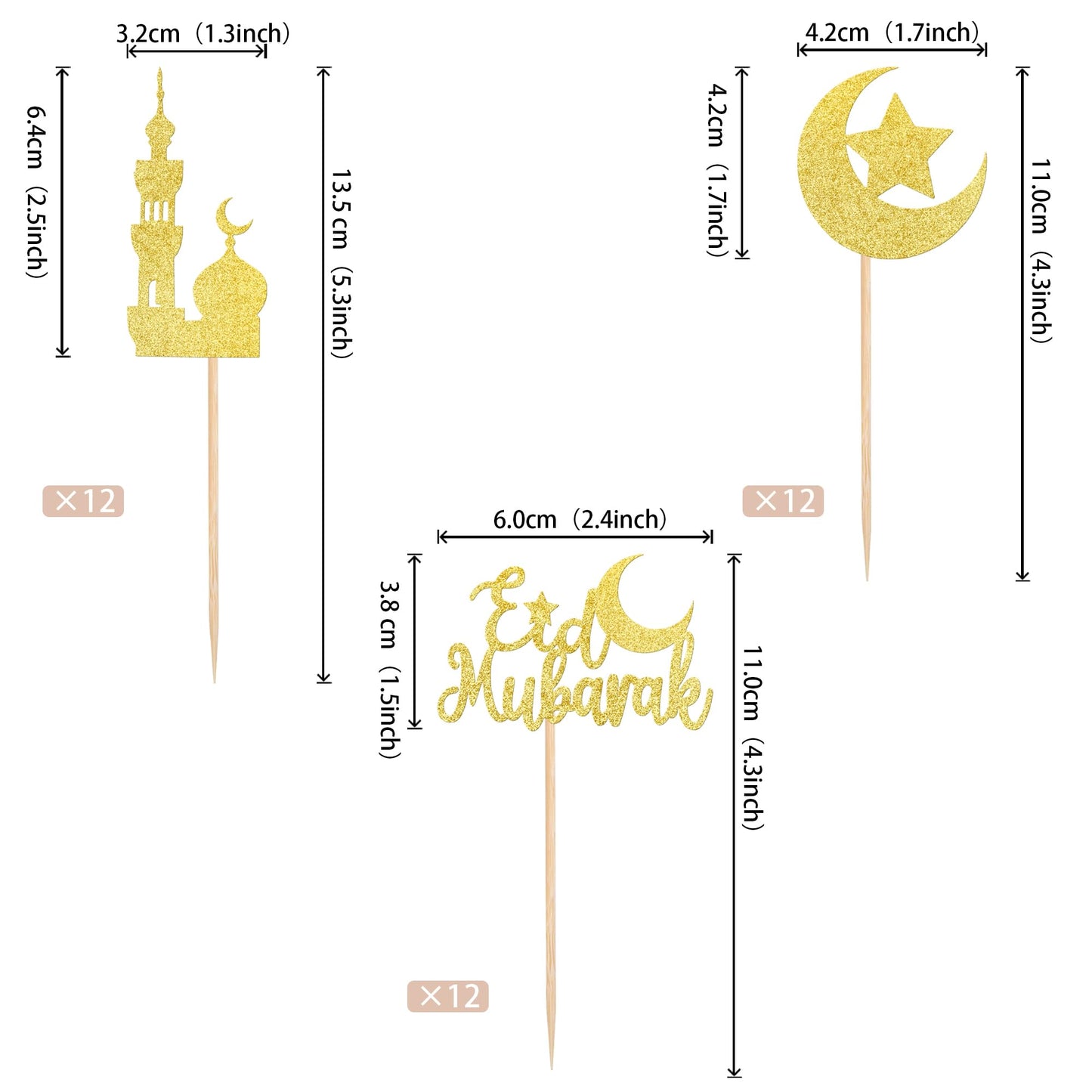 24 PCS Eid Mubarak Cupcake Toppers Gold Glitter Moon Star Ramadan Kareem Cupcake Picks for Eid Islamic Muslim Theme Party Cake Decorations Supplies