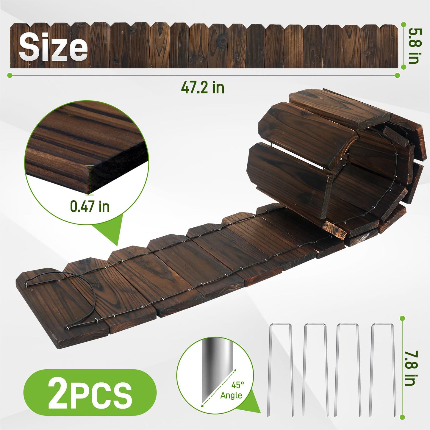 Mulctun Wood Garden Edging - 5.9" H X 47" L Sturdy Wooden Landscape Edging, Small Flower Bed Edging Borders, Decorative Wooden Garden Fence for Yard Flower Bed Lawns Pathway Tree (2 Packs)