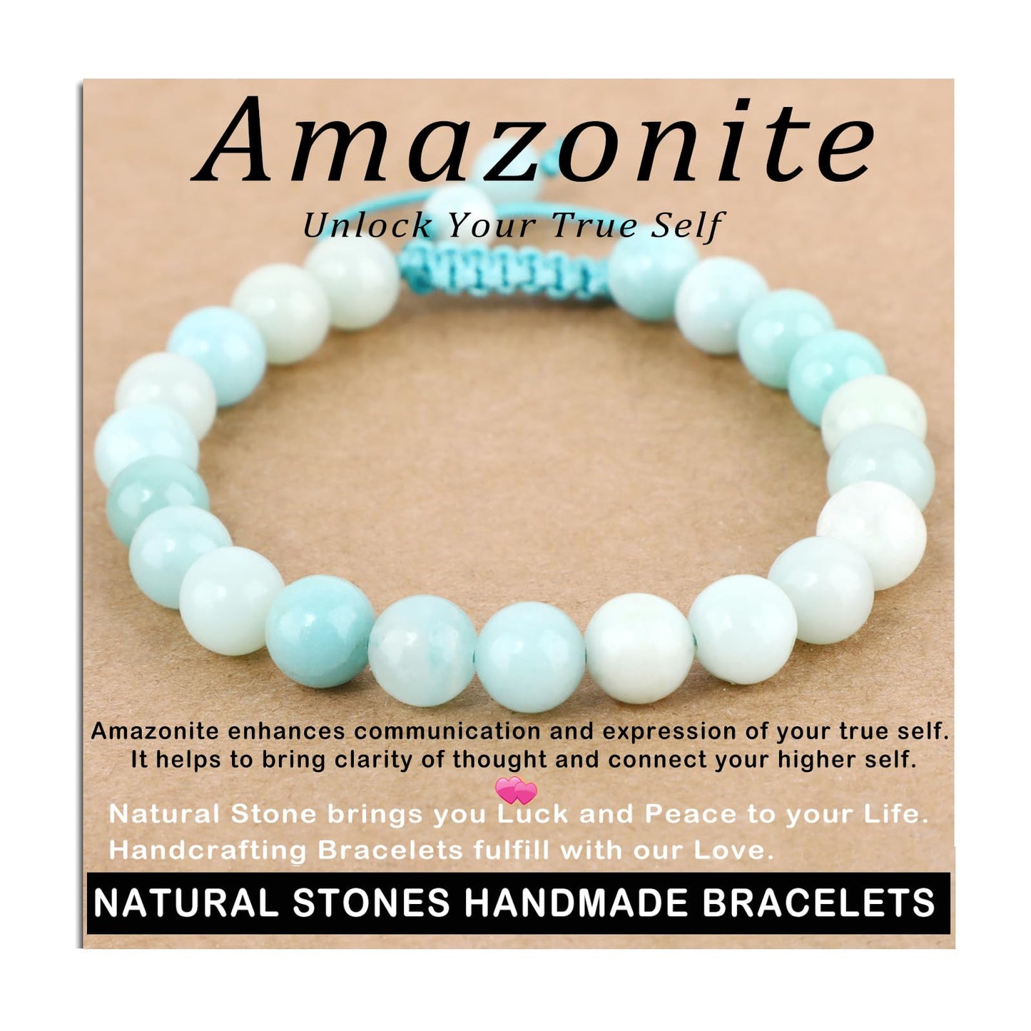 AD Beads 8mm Amazonite - Unlock Your Ture Self - Handmade Natural Stone Crystal Bracelet with Adjustable Macrame String - Yoga Healing Power Energy Gifts for Men and Women