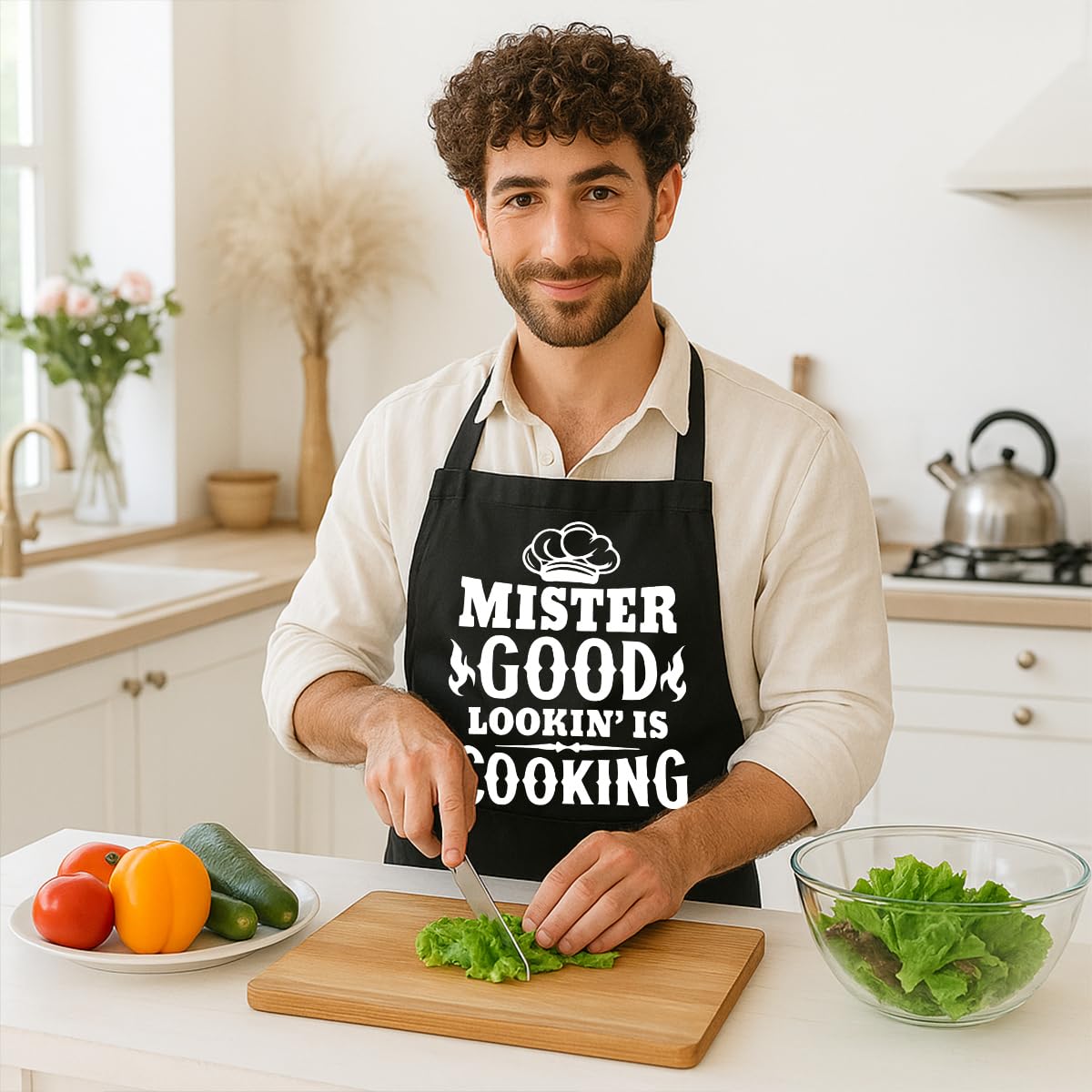 Mr Goodlookin' is Cookin,Funny BBQ Grilling Cooking Chef Aprons for Men,Dad,Boyfriend,Farther,Grandpa,Friend,Chef Apron with 2 Pockets,Kitchen Gifts for Men,Chef Gifts for Birthday Christmas