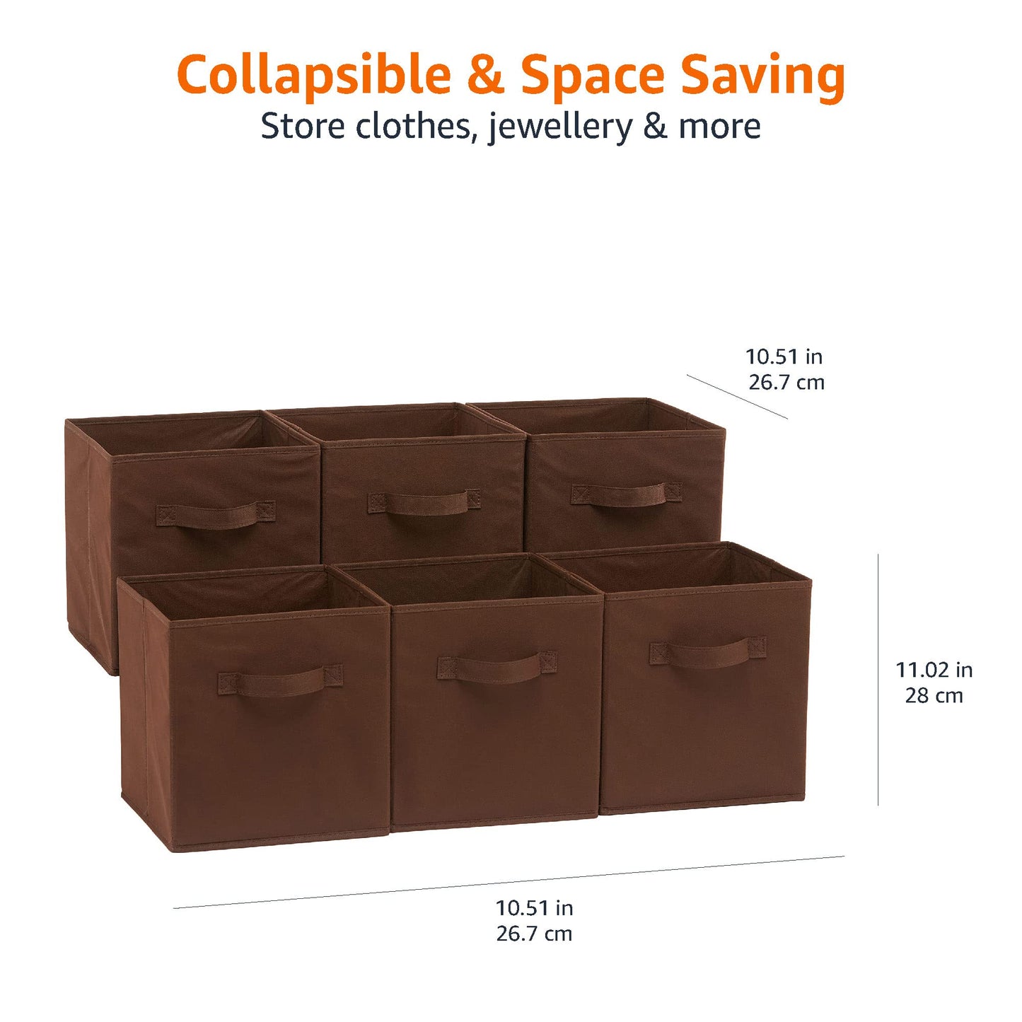 Amazon Basics Collapsible Fabric Storage Bins with Handles, Cube Organizer, Lightweight Fabric, 10.5"x10.5"x11", Brown, 6-Pack