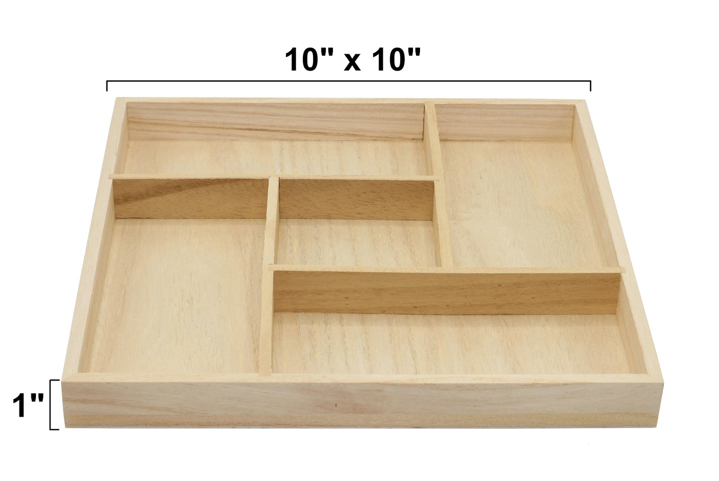 5 Section Wooden Trays – 10" × 10" Square Organizers with Compartments for Crafts, Drawer Tidying, Snacks, and Display | 2 Pack
