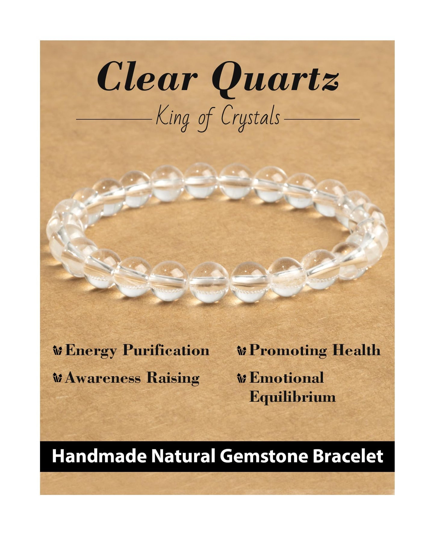 Landorilo Beaded Bracelet for Men Women, 8mm Natural Stone Clear Quartz Healing Crystal Stretch Bracelets, Ideal Christmas Birthday Jewelry Gifts with Energy Card，Replacement Beads Included