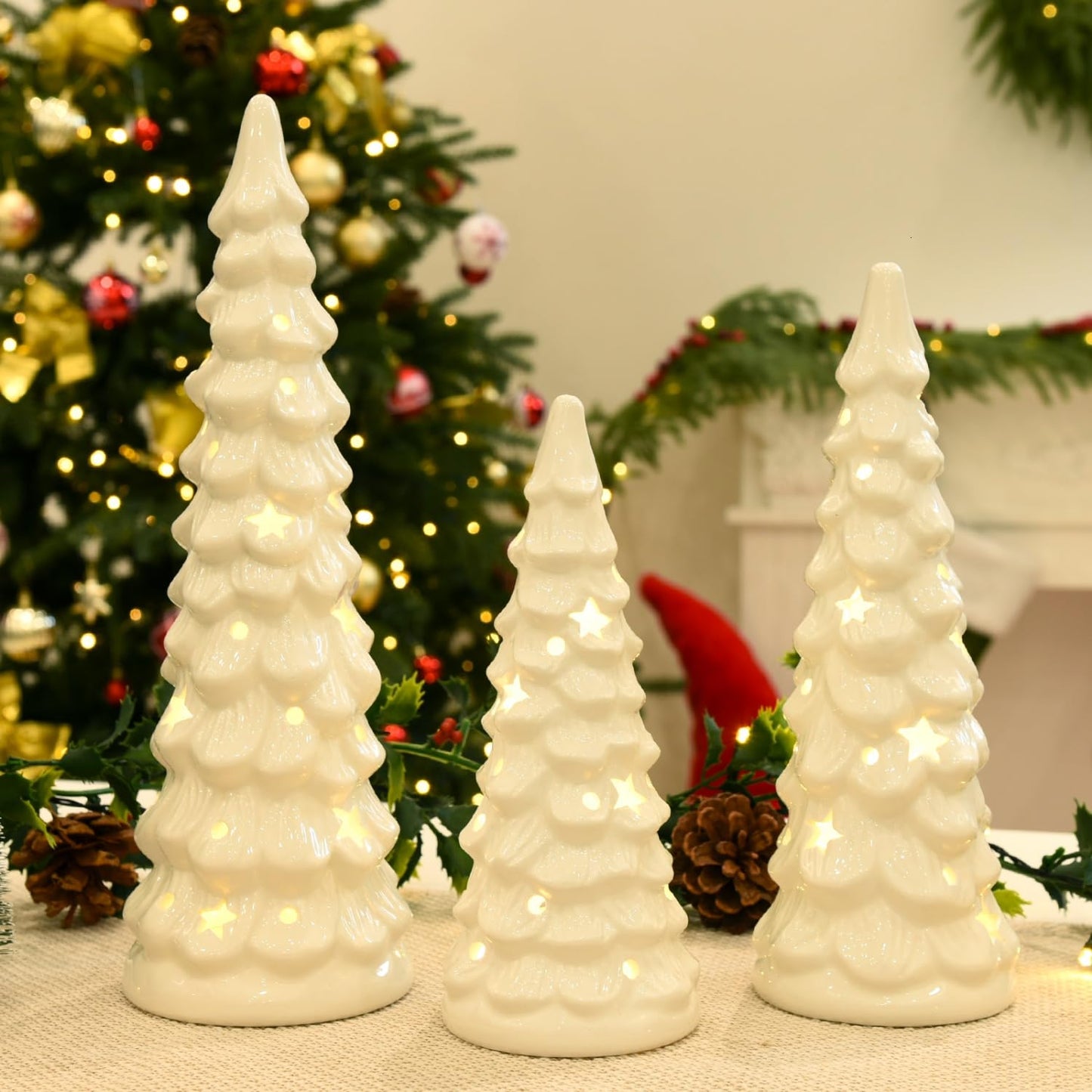 JETEHO Set of 3 White Ceramic Christmas Trees Tabletop Christmas Tree with Stars and Dots Cutouts Ceramic White Christmas Decorations for Home