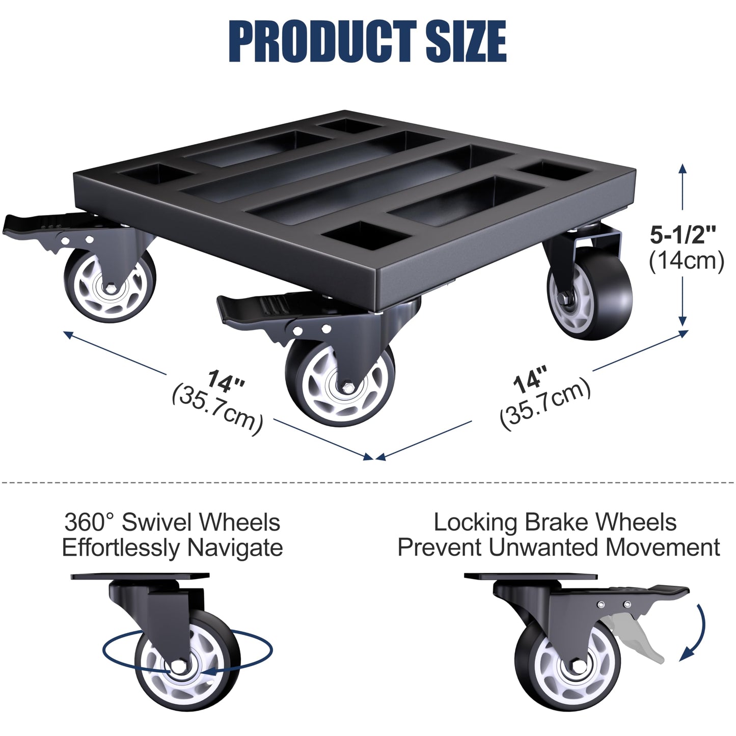 TRUSOON Metal Furniture Utility Dolly, 14" x 14" Heavy Duty Moving Dolly with Locking Wheels, 800lbs Capacity Compact Mobile Base for Home Office, Workshop, Garage, Black