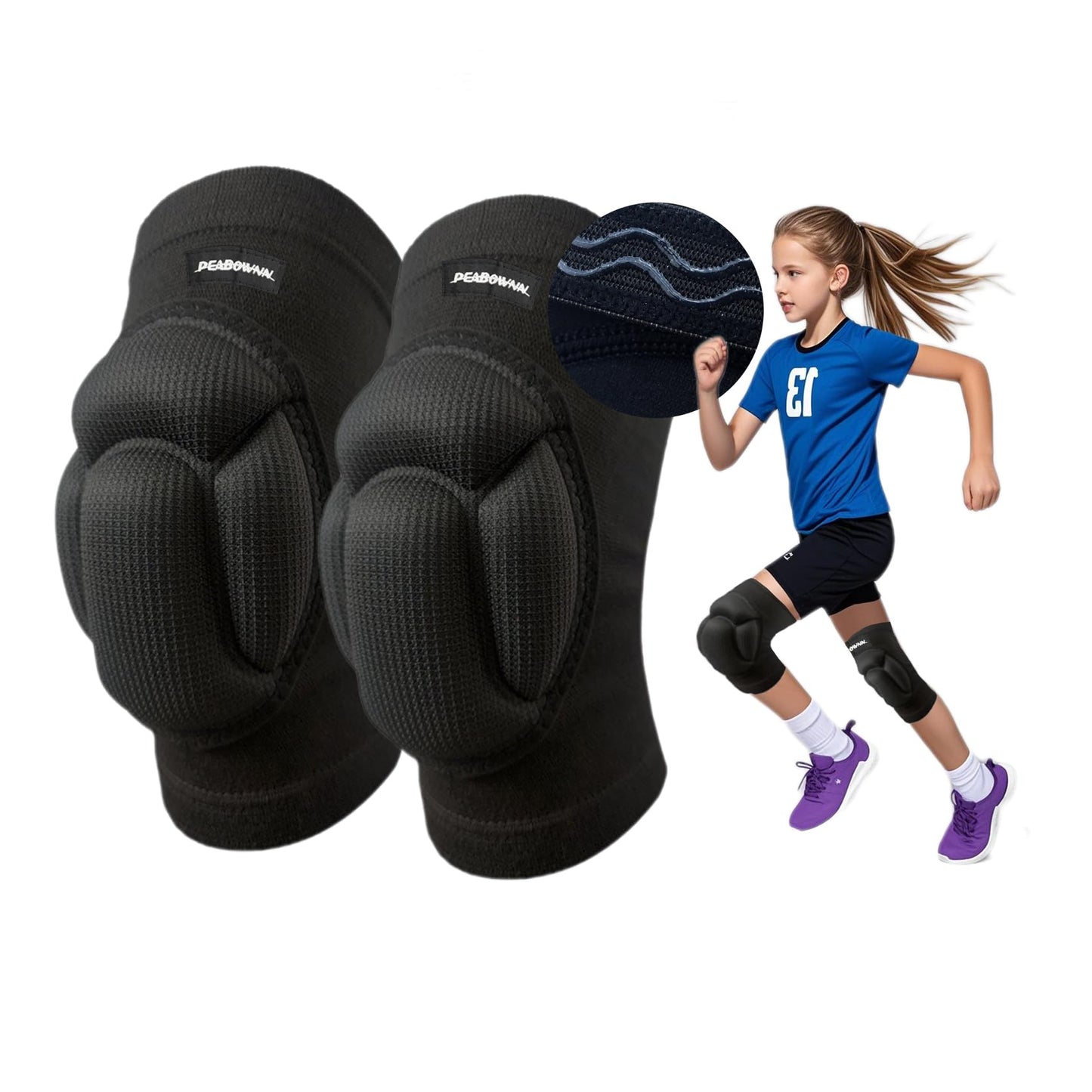 Peabownn Knee Pads Volleyball Girls 2XS-2XL - Thick Sponge Anti-slip Strips Gardening Knee Pads for Women Kid & Adult, Volleyball, House Cleaning, Construction Work, Dancing, Flooring S