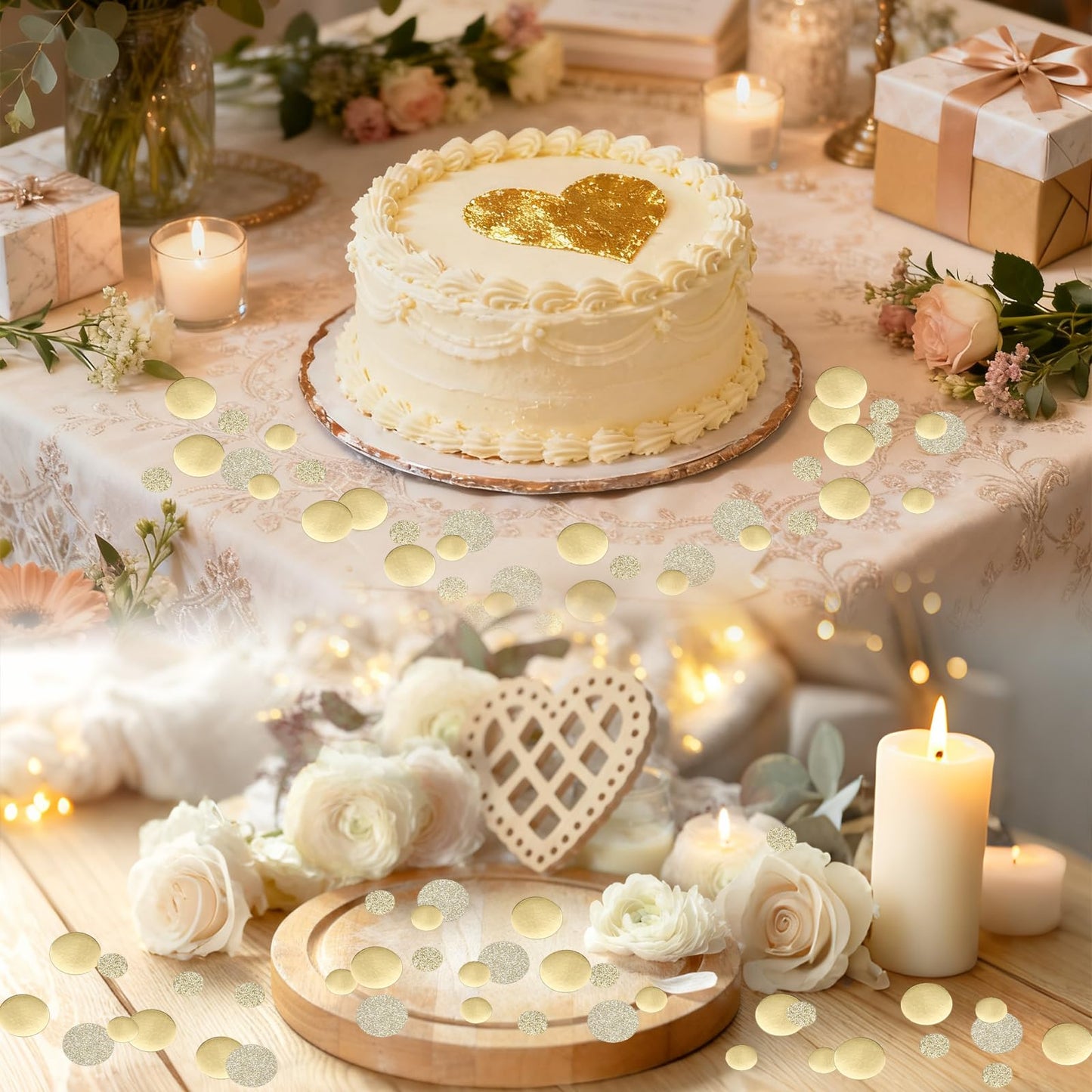 200pcs Round Golden Confetti, 2 Styles & 2 Sizes Gold Circle Confetti Dots Glitter & Smooth Scatter Table Sequins for Wedding Birthday Baby Shower Party Circle Dot Decor