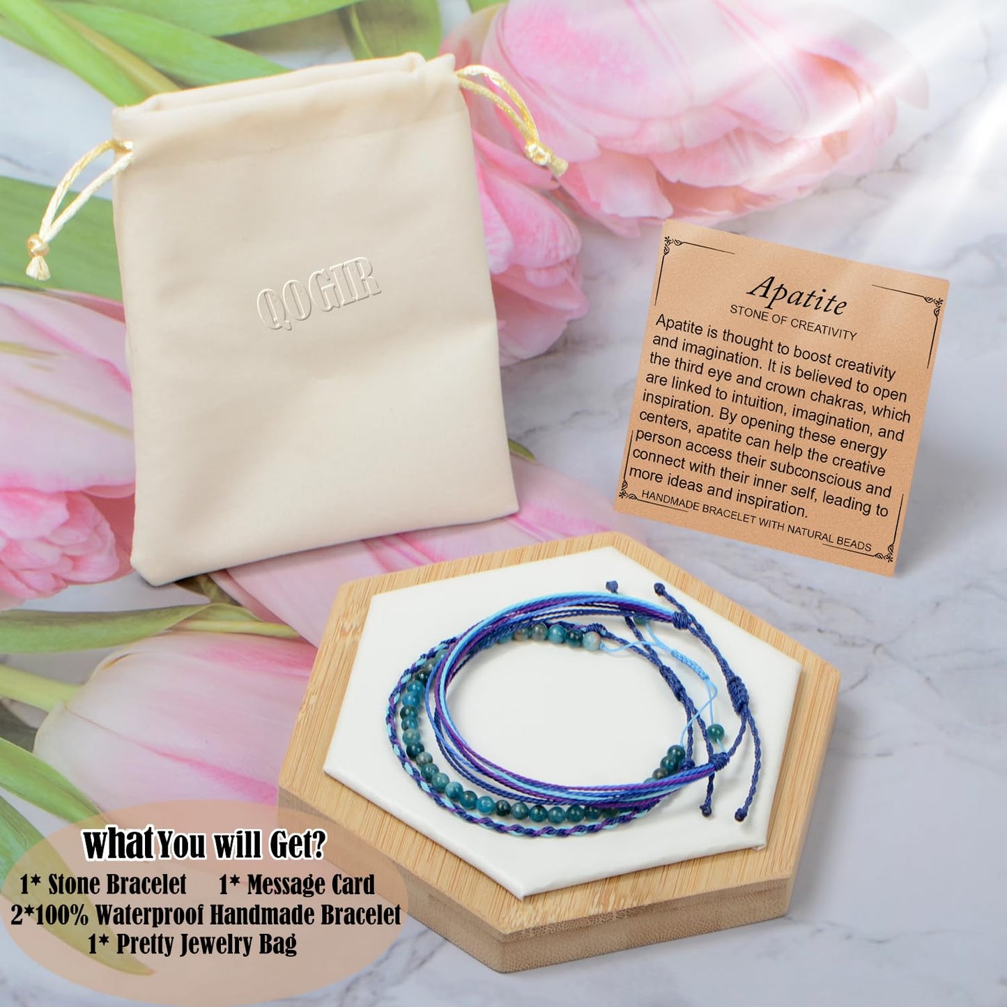 QOGIR Handmade Healing Bracelets,4mm Natural Blue Apatite Gem Stone Beads Bracelet for Men Women Gifts with 2PCS Size Adjustable Rope Bracelets