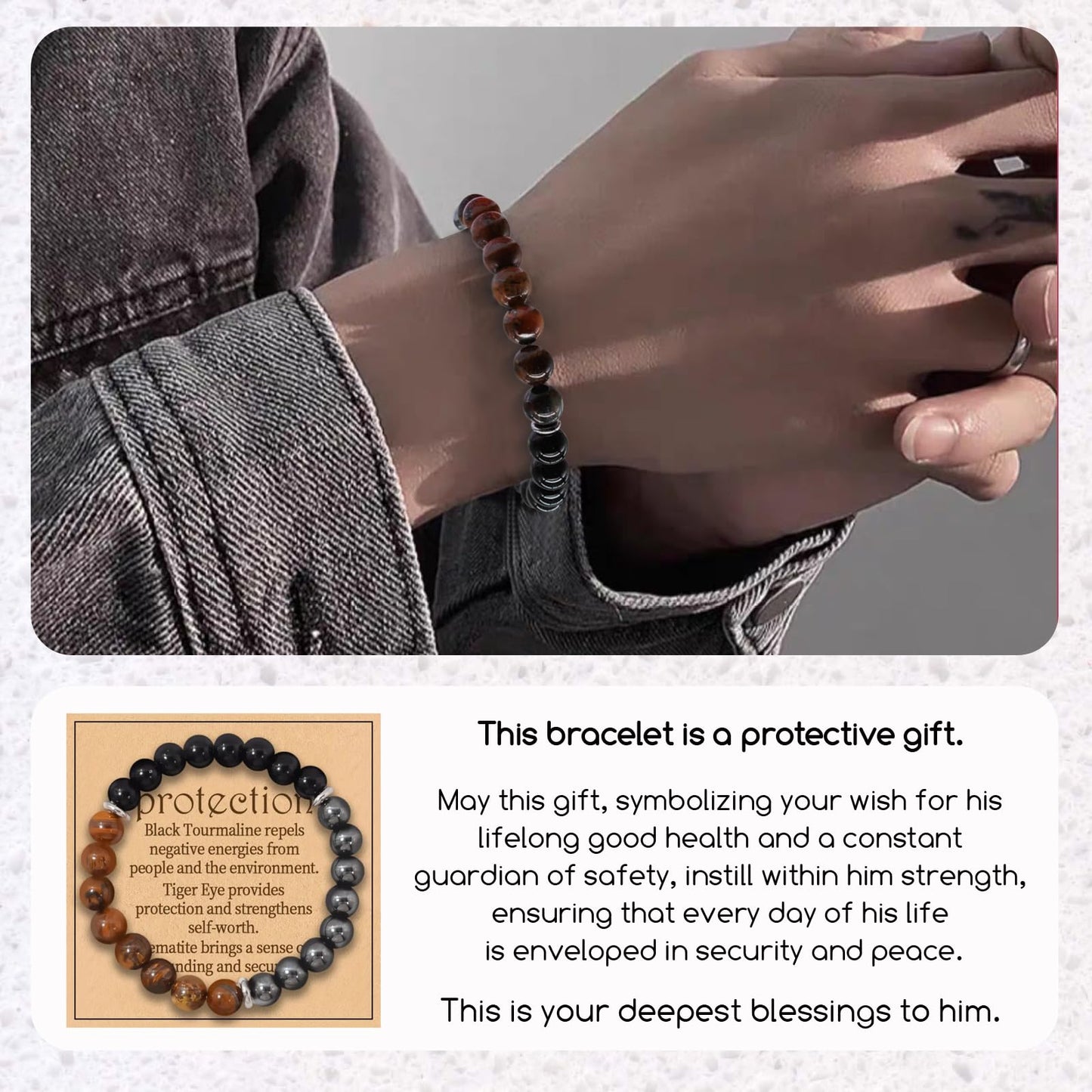 VECO-T Energy Mens Beaded Bracelets,Triple Protection Bracelet for Men,Made of Three Kinds of 8mm Beads (Black Obsidian Hematite Tiger Eye Beaded), Personalized Gifts for Men