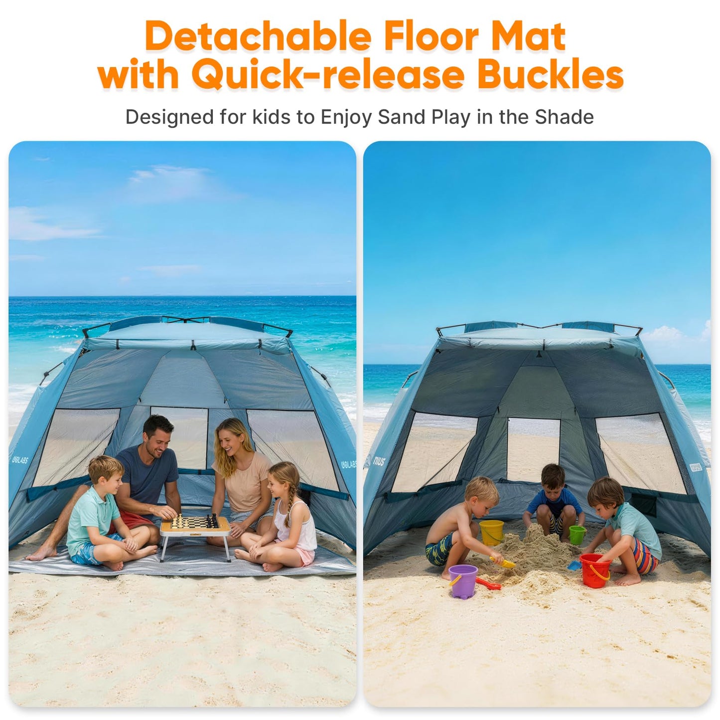 Golabs BT1 Pop up Beach Tent Sun Shelter for 3-Person, 1-Minute Setup by Pre-Attached Pole & UPF 50+, Beach Shade with Detachable Floor Mat, Mesh for Clear View & Airflow, only 7 lbs & Pocket and Hook