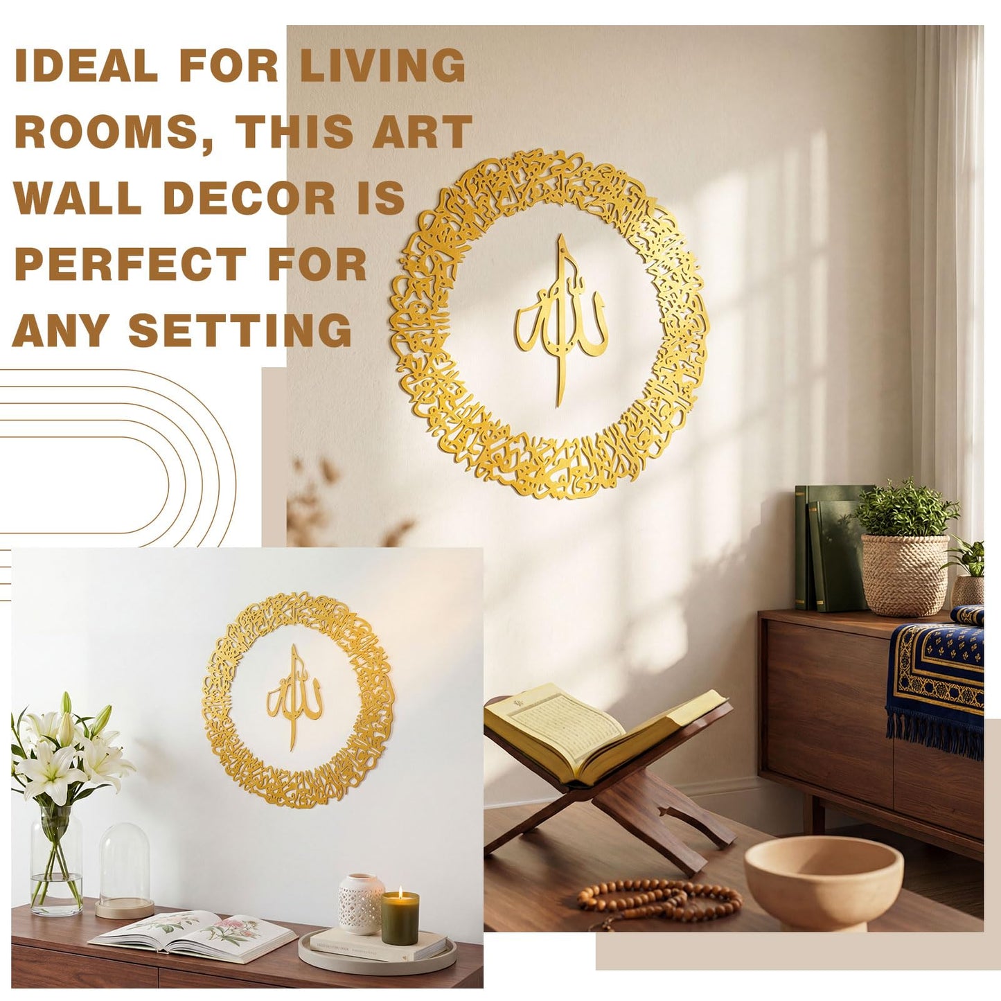 Yerliker Metal Islamic Wall Art Decor for Living Room, Ayatul Kursi Eid Arabic Calligraphy Ramadan Quran Gold Round Wall Hanging, Muslim Islamic Housewarming Gifts for Women Home Room, 20 Inch